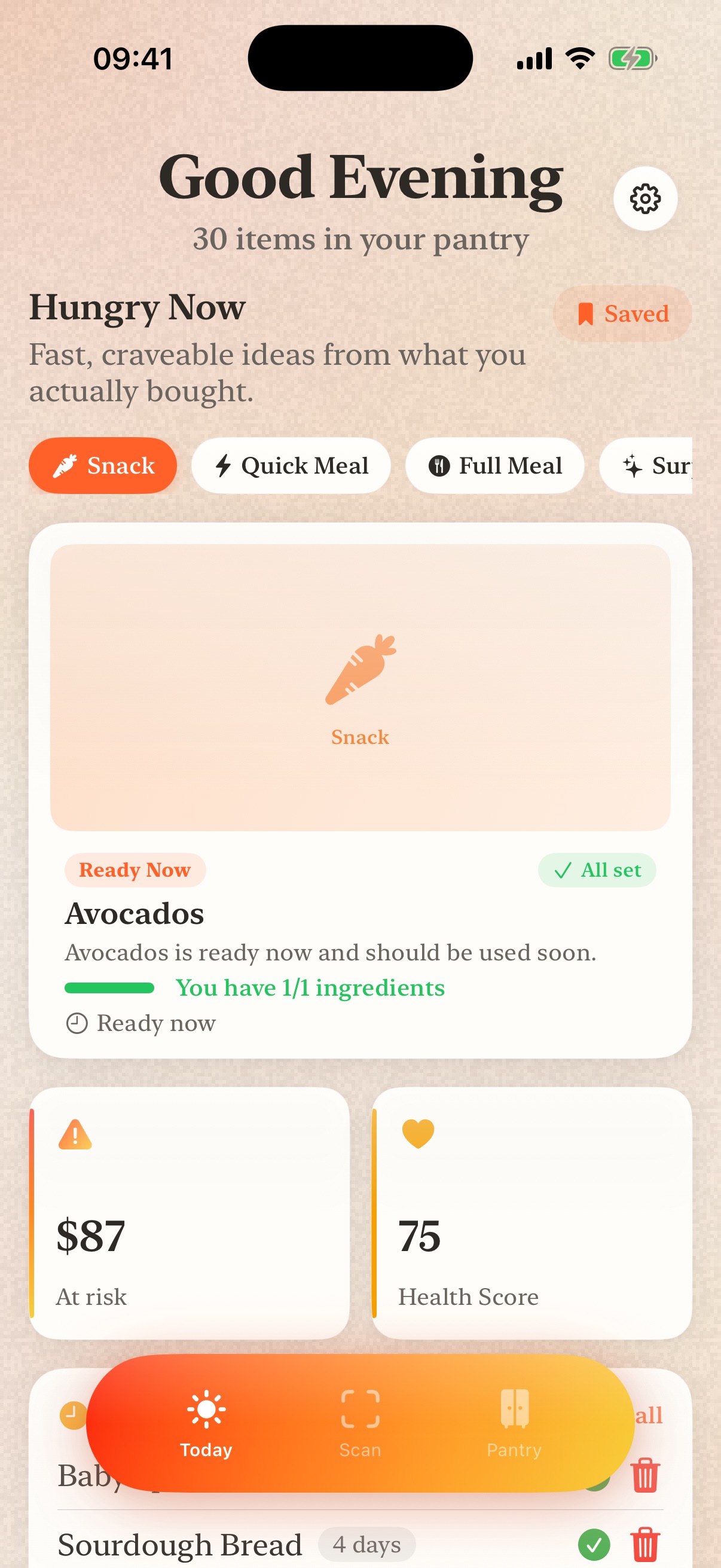 Pantry app showing 30 items in your pantry with recipe suggestions and health scores